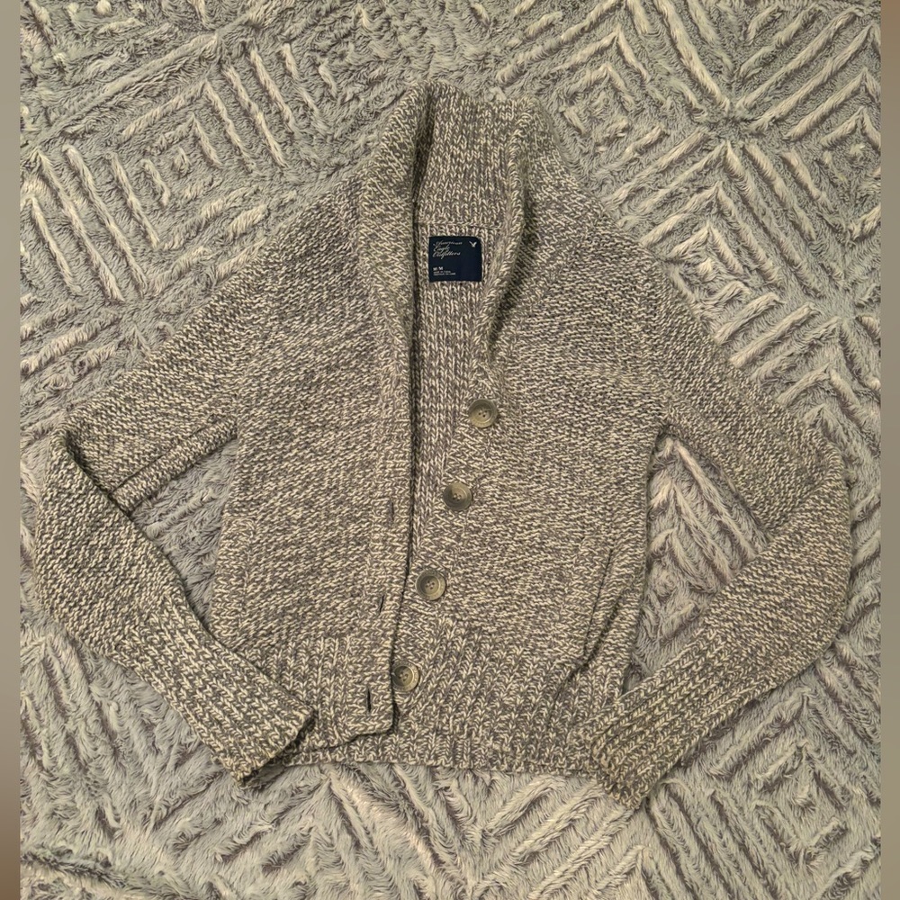 AE American Eagle wool blend cardigan sweater MEDIUM gray tan white buttons
